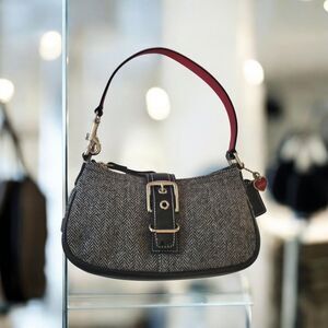 Coach G04J-1406 Grey Herringbone Patent Leather Trim Red Accents Mini Handbag